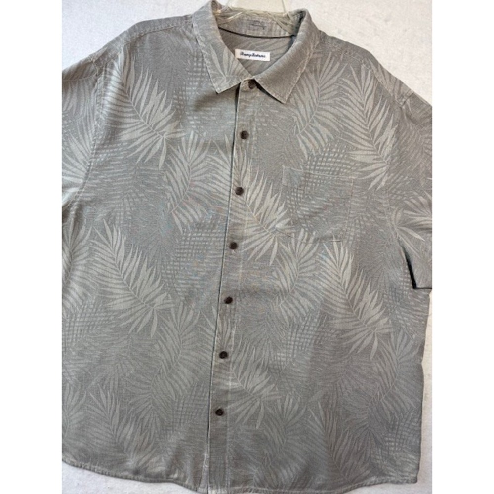 Tommy Bahama Mens Grey 100% Silk Palm Leaf Jacquard Short Sleeve Button Shirt 2X